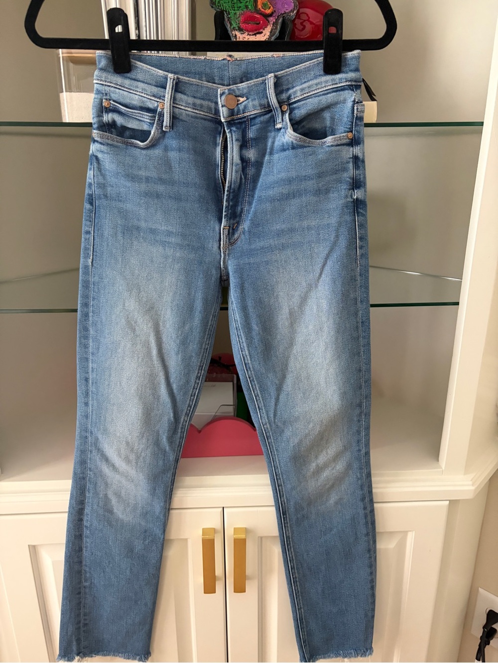 Mother Mid Rise Dazzler Ankle Fray Light Blue Women's High-Rise Skinny Jeans
